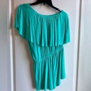 Trina Turk teal off the shoulder short-sleeve romper, ruffle front